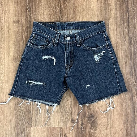 Levi's 514 Dark Wash Cut-Off Distressed Denim Jean Shorts Sz 28 - Picture 1 of 8